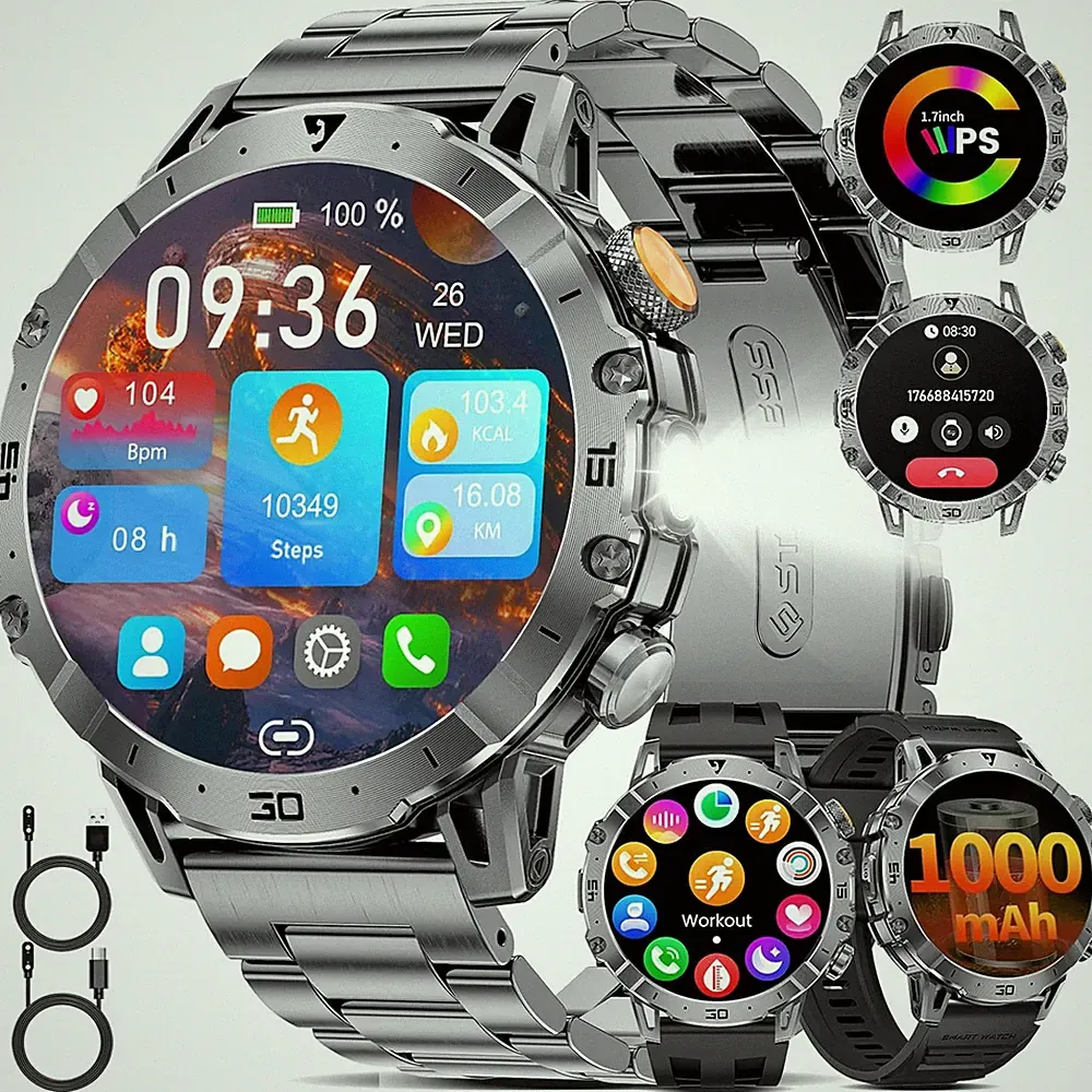 Smartwatch Herren Militär 1,7 Zoll HD Display 1000mAh Akku Fitnessuhr IP68