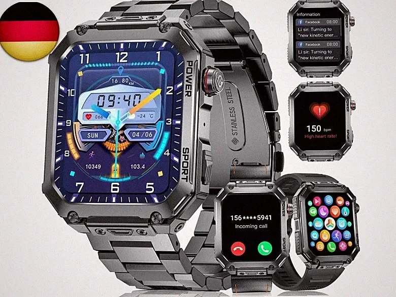 Smartwatch Herren Militär,1.91'' Display/500mAh Akku,Fitnessuhr mit 3