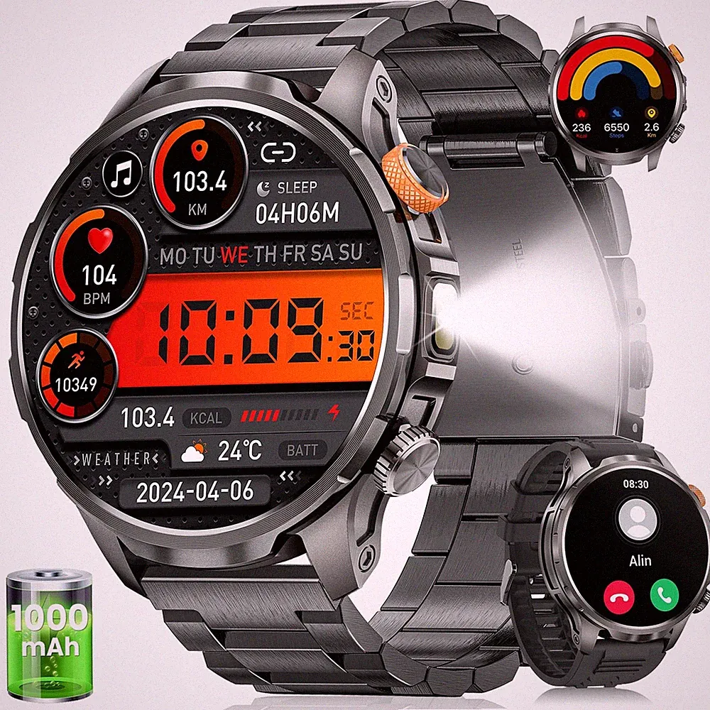 Smartwatch Herren Militär 1,91 Zoll AMOLED Display 1000mAh Akku LED Licht