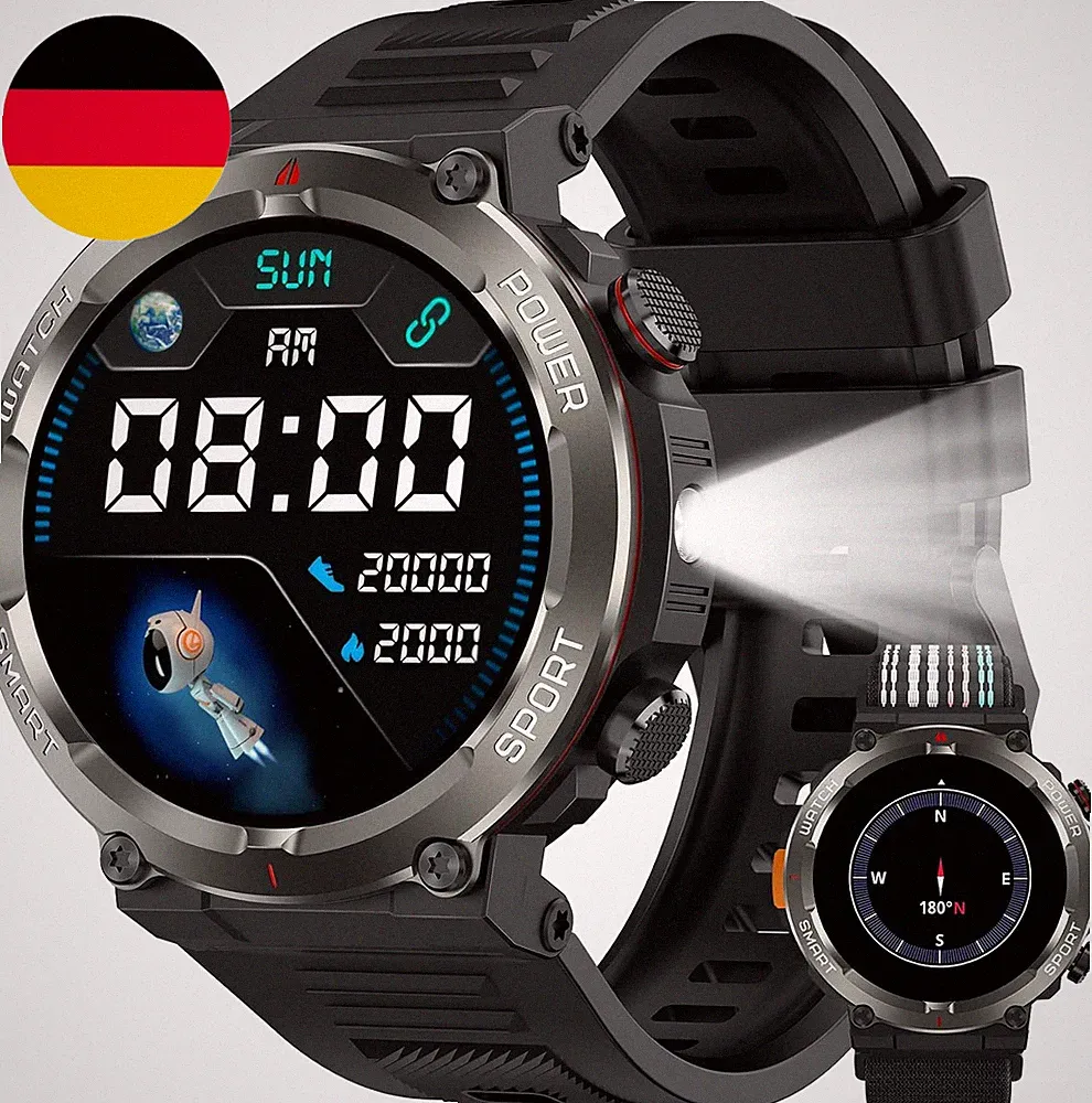 Smartwatch Herren, Militär, 100-Tage-Akku, 1,45" HD, IP68 Wasserdicht