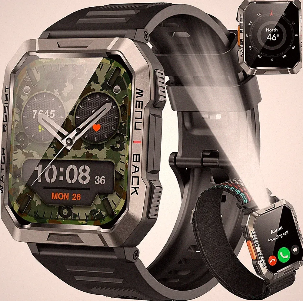 Smartwatch Herren Militär, 100 Tage Akkulaufzeit/LED Taschenlampe/Kompass Sportu