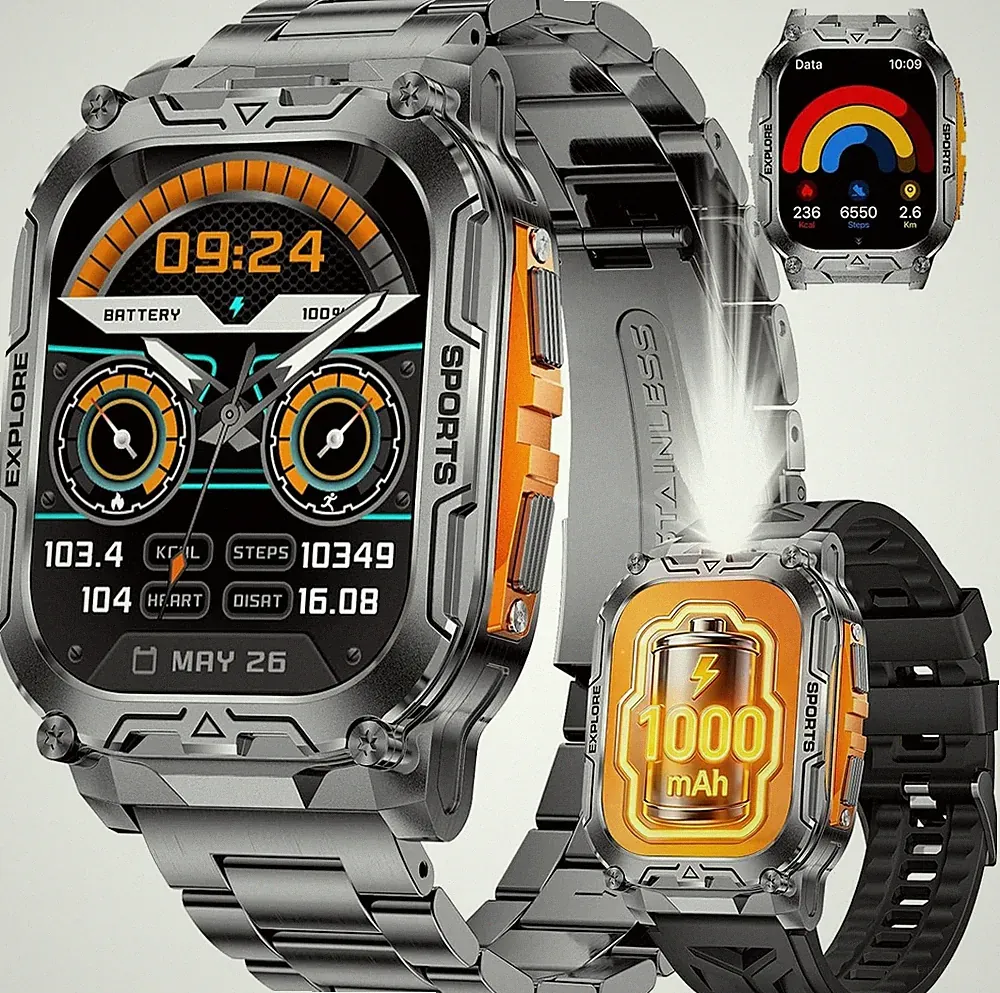 Smartwatch Herren Militär 1000mAh 2,01'' HD Display IP68 Wasserdicht Fitnessuhr