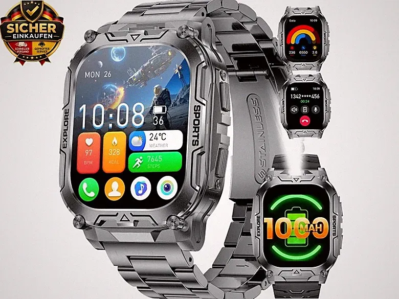 Smartwatch Herren Militär-1000mAh/2.01'' HD Große Display/LED-Licht,2 A