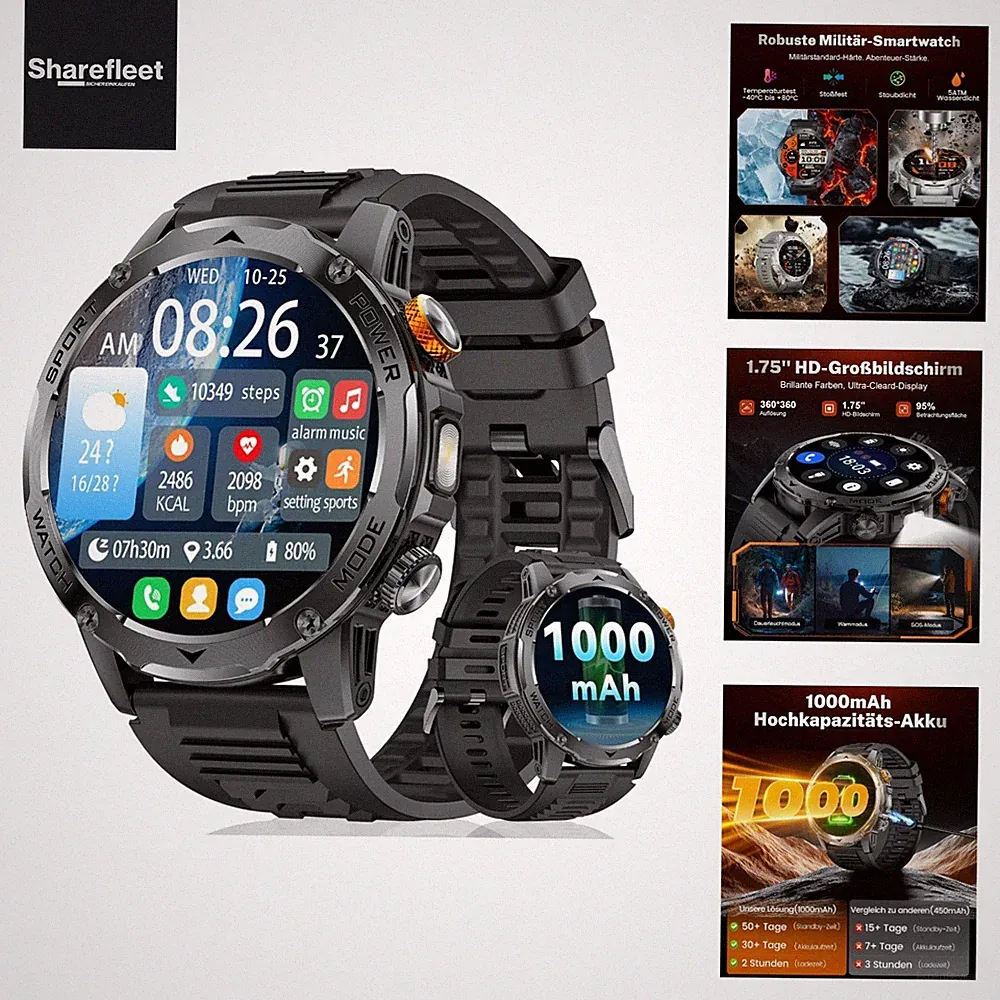 Smartwatch Herren Militär-1000mAh Akku/1.75'' HD Großes Display,Smartwatch mi...