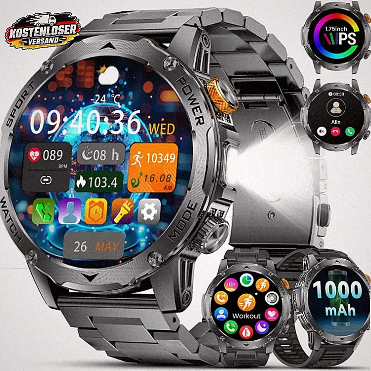 Smartwatch Herren Militär 1000mAh Akku 1,75 Zoll HD Display Taschenlampe