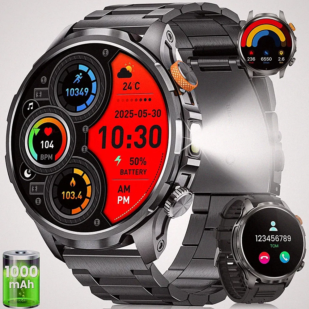 Smartwatch Herren Militär, 1000mAH Akku, LED Taschenlampe, 1,91” AMOLED Smart...