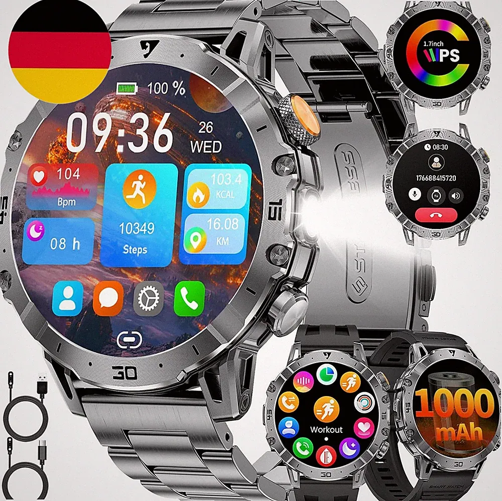 Smartwatch Herren Militär, 1000Mah Großer Akku, 1,7”HD Großes Display Mit Telefo