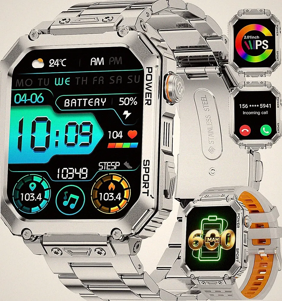 Smartwatch Herren Militär 2,01" Fitnessuhr 100+ Sportmodi Herzfrequenz IP68