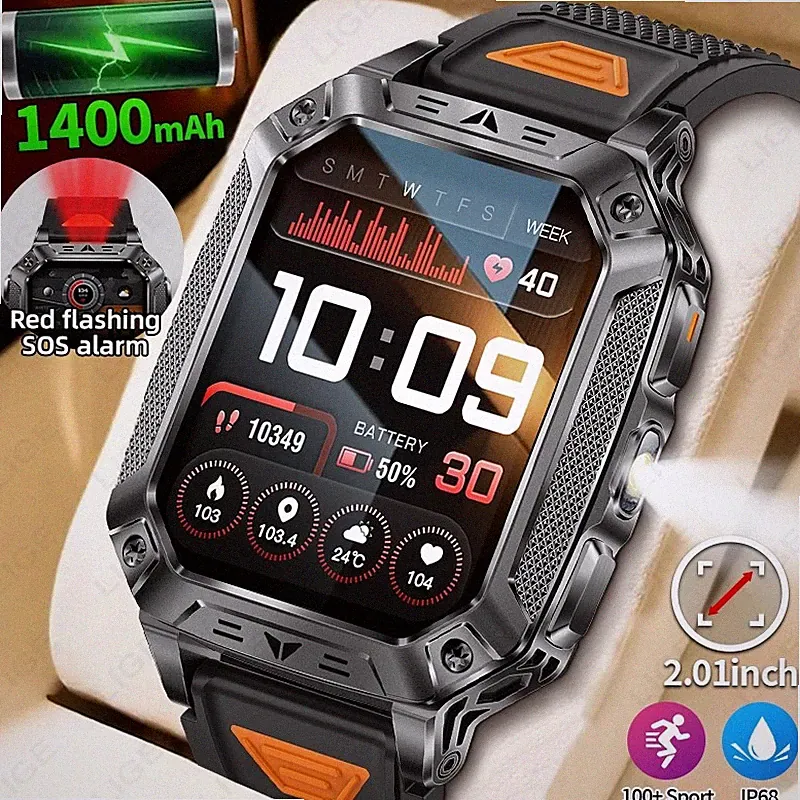 Smartwatch Herren Militär Bluetooth Anrufe LED Taschenlampe Herzfrequenz Fitness