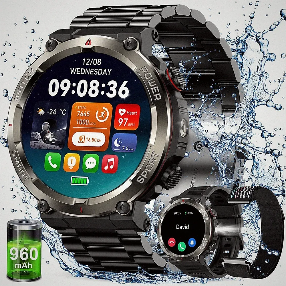 Smartwatch Herren Militär GPS, 5ATM Wasserdicht Fitnessuhr Sportuhr 3 Armbänder