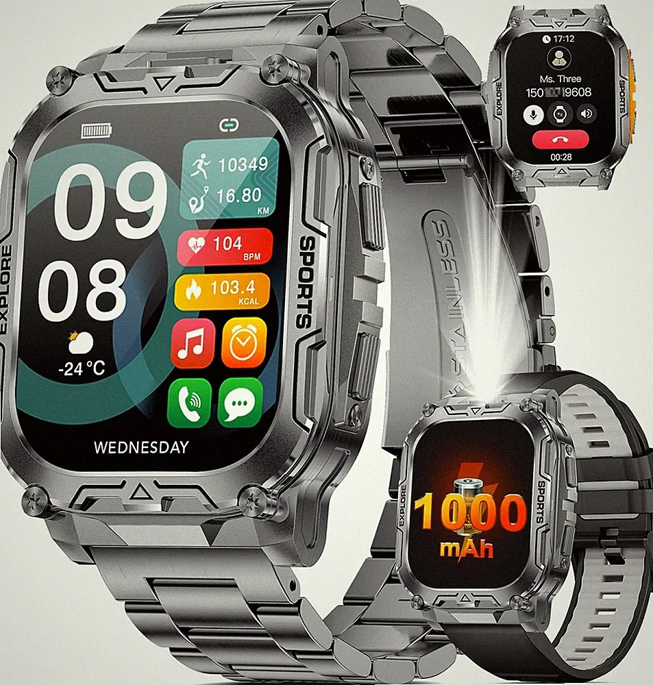Smartwatch Herren Militär Mit 1000Mah Akku/Telefonfunktion, 2.01" Hd-Großes Disp