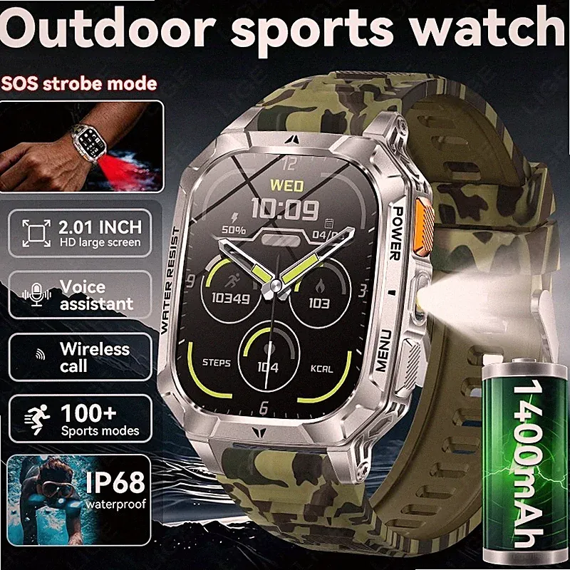 Smartwatch Herren Militär mit Bluetooth Anrufe Fitnessuhr Wasserdicht 1400mAh