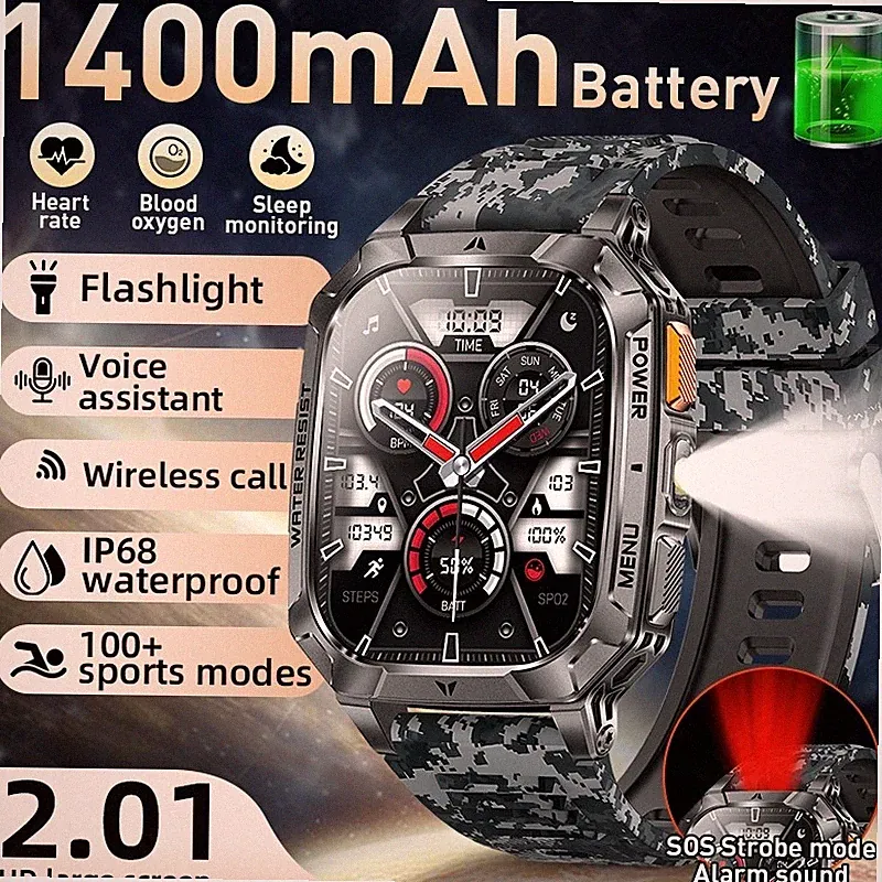 Smartwatch Herren Militär mit Bluetooth Anrufe Herzfrequenz Wasserdicht 1400mAh
