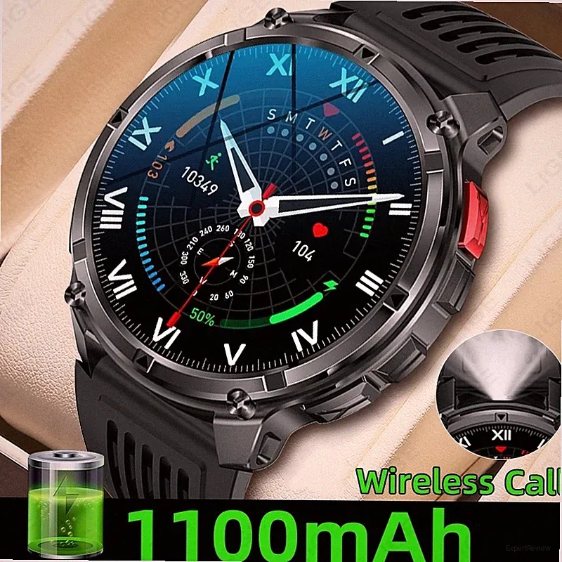 Smartwatch Herren Militär mit Bluetooth Anrufe Pulsuhr Kompass LED Taschenlampe