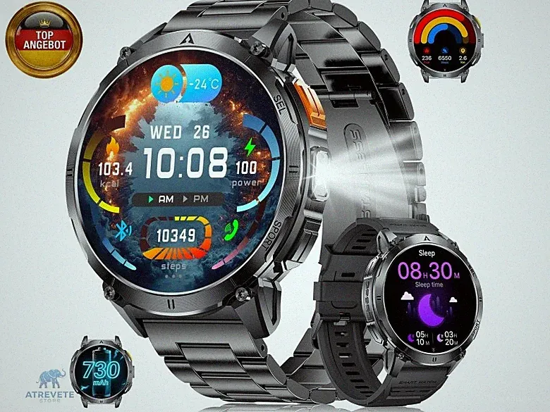 Smartwatch Herren Militär mit LED-Licht, 1,62 Zoll AMOLED Display Fitnessuhr