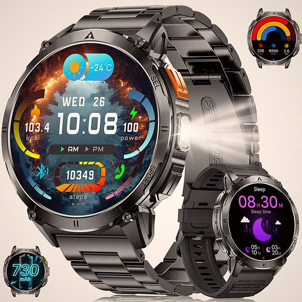 Smartwatch Herren Militär mit LEDLicht, 1,62 Zoll AMOLED Display Fitnessuhr m...