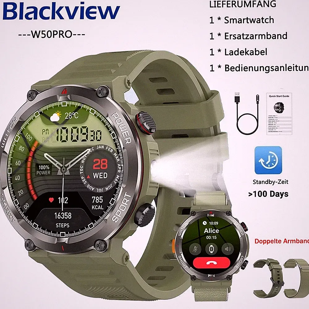 Smartwatch Herren Militär mit Telefonfunktion Blutdruckmesung für android IOS DE