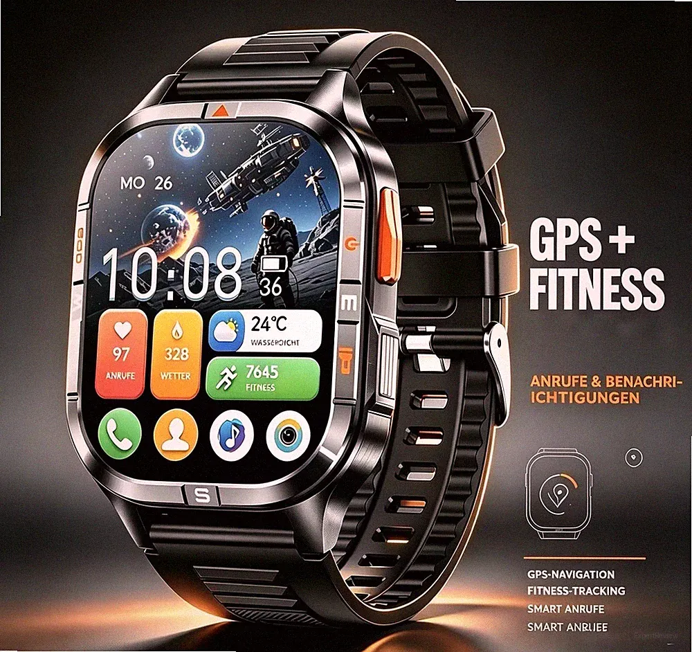 Smartwatch Herren Militär mit Telefonfunktion Sprachassiste AMOLED Display GPS