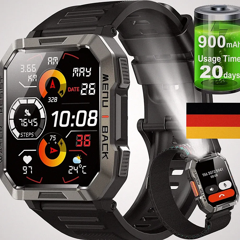 Smartwatch Herren Militär mit Telefonfunktion Sprachassiste Wasserdicht Spo