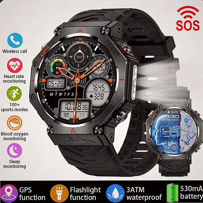 Smartwatch Herren Militär Outdoor GPS Uhr wasserdicht Sport Kompass LED Lampe