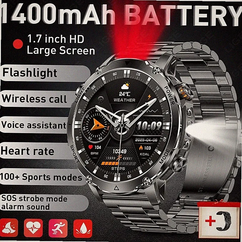 Smartwatch Herren Militär Sport Bluetooth Telefonfunktion Wasserdicht 1400mAh
