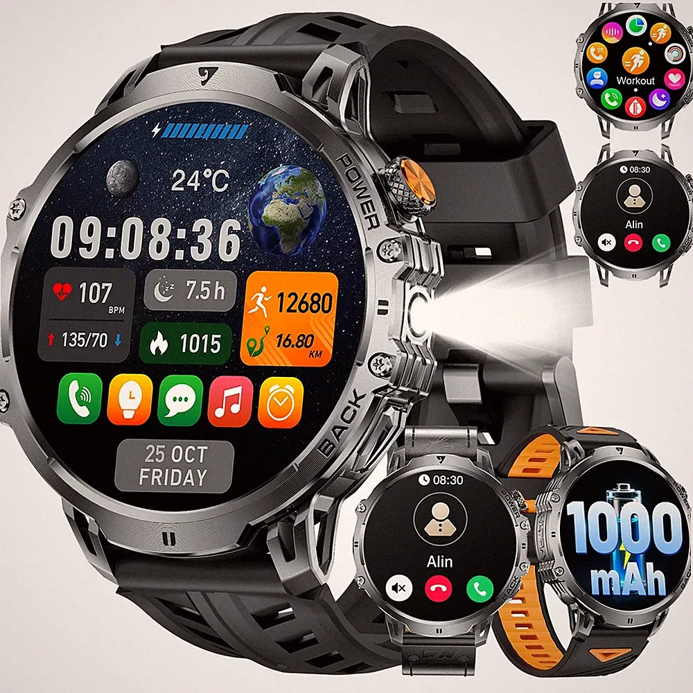 Smartwatch Herren Militär1.85''HD/1000mAh, Telefonfunktion, Graphitschwarz
