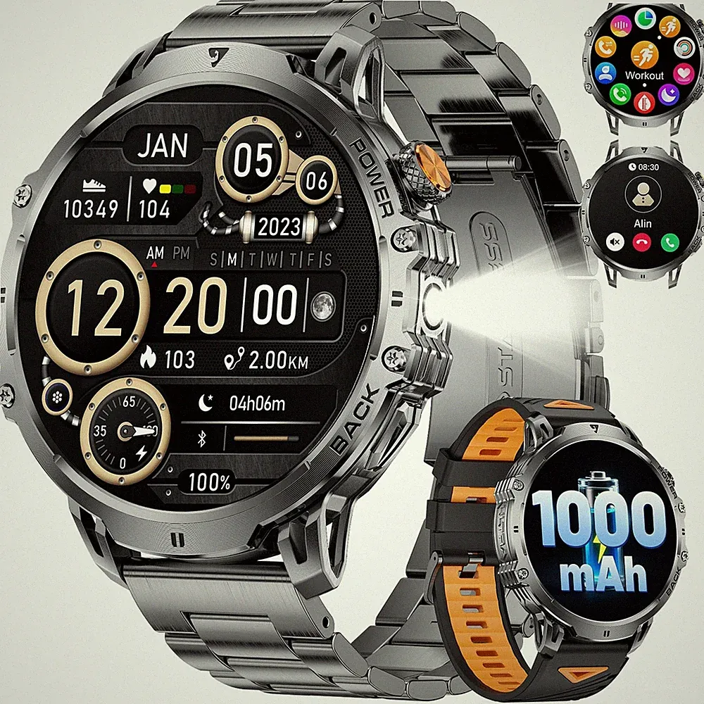Smartwatch Herren Militär1.85''HD/1000mAh, Telefonfunktion, SchwarzOrange