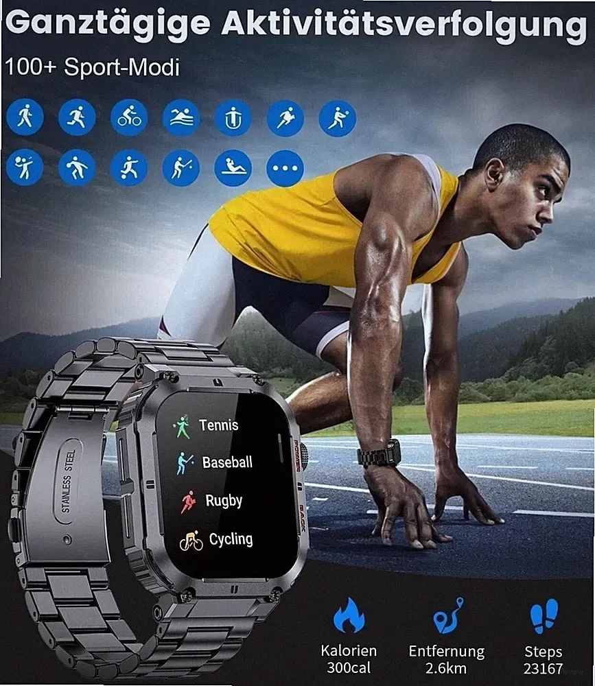 Smartwatch Herren Militärisch Telefonfunktion 1.96'' HD 100+ Sportmodi Schwarz
