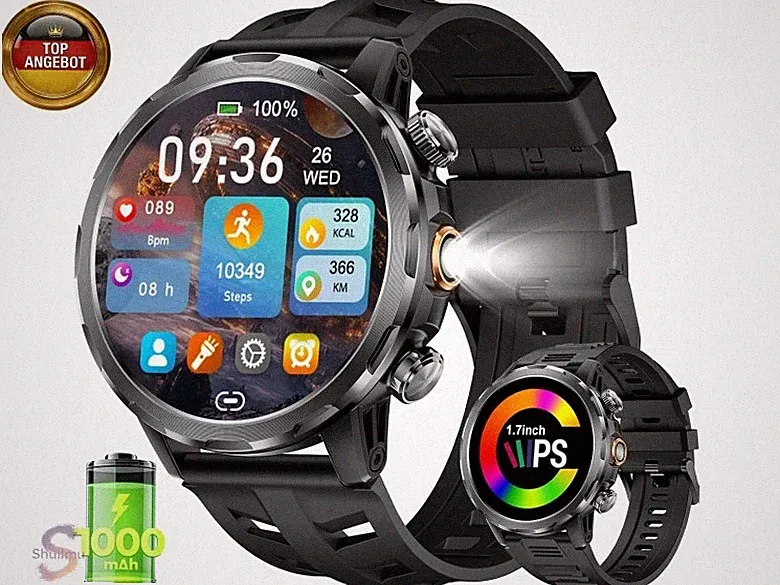 Smartwatch Herren mit 1000mAh Akku, 1,7'' Großes Display Militär Smart Watch m