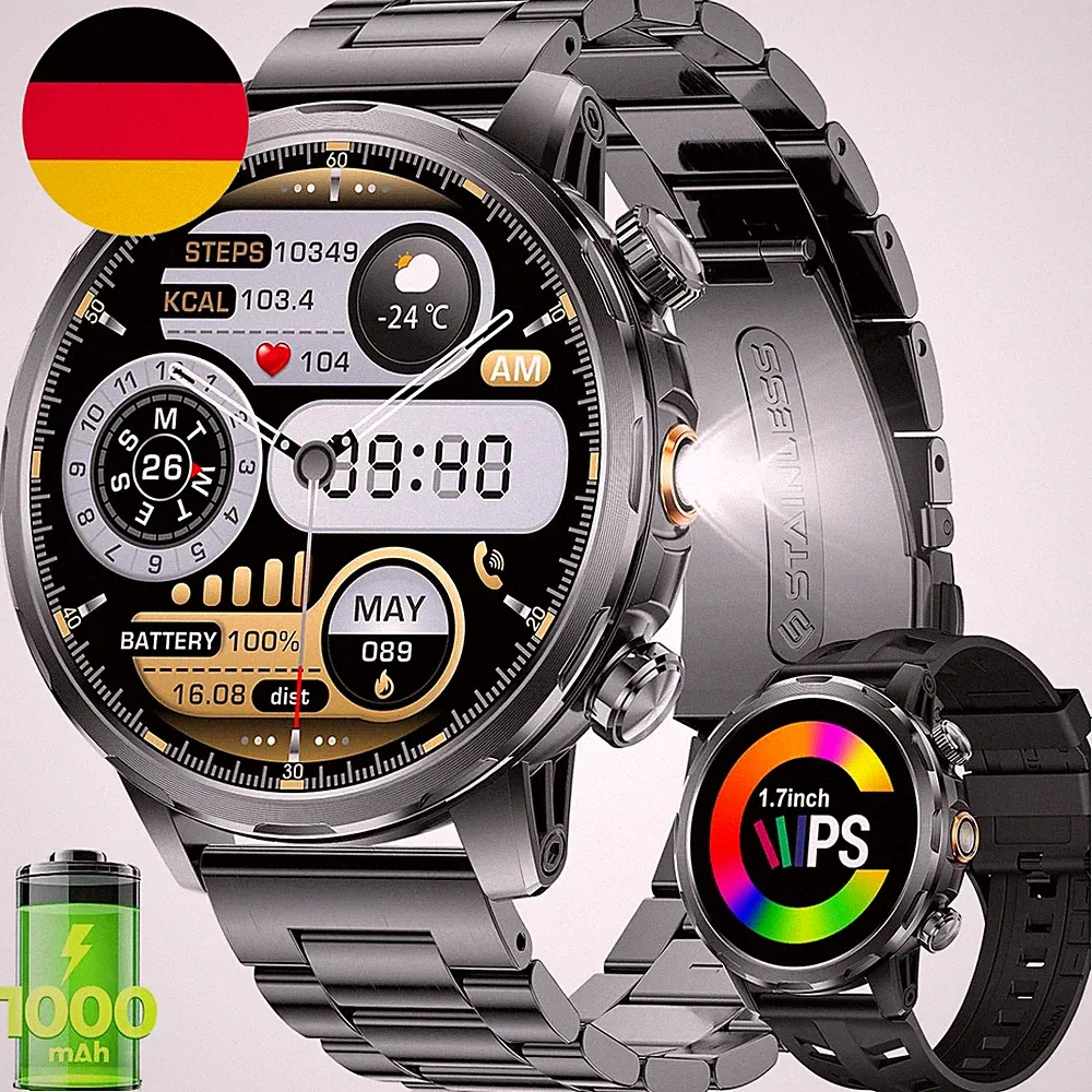 Smartwatch Herren Mit 1000Mah Akku, 1,7'' Großes Display Militär Smart Watch Mit