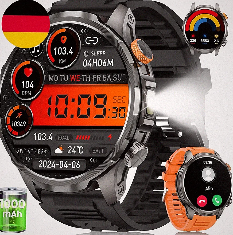 Smartwatch Herren Mit 1000Mah Und LED Taschenlampen, 1,92" AMOLED Display Fitnes
