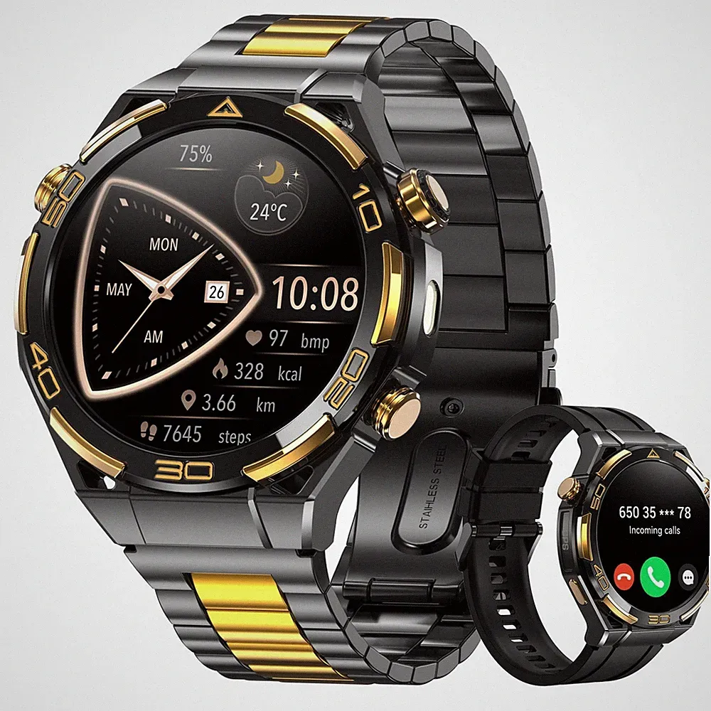Smartwatch Herren Mit 14K-Gold-Einlage GPS Kompass Bluetooth-Anrufe AI ChatGPT