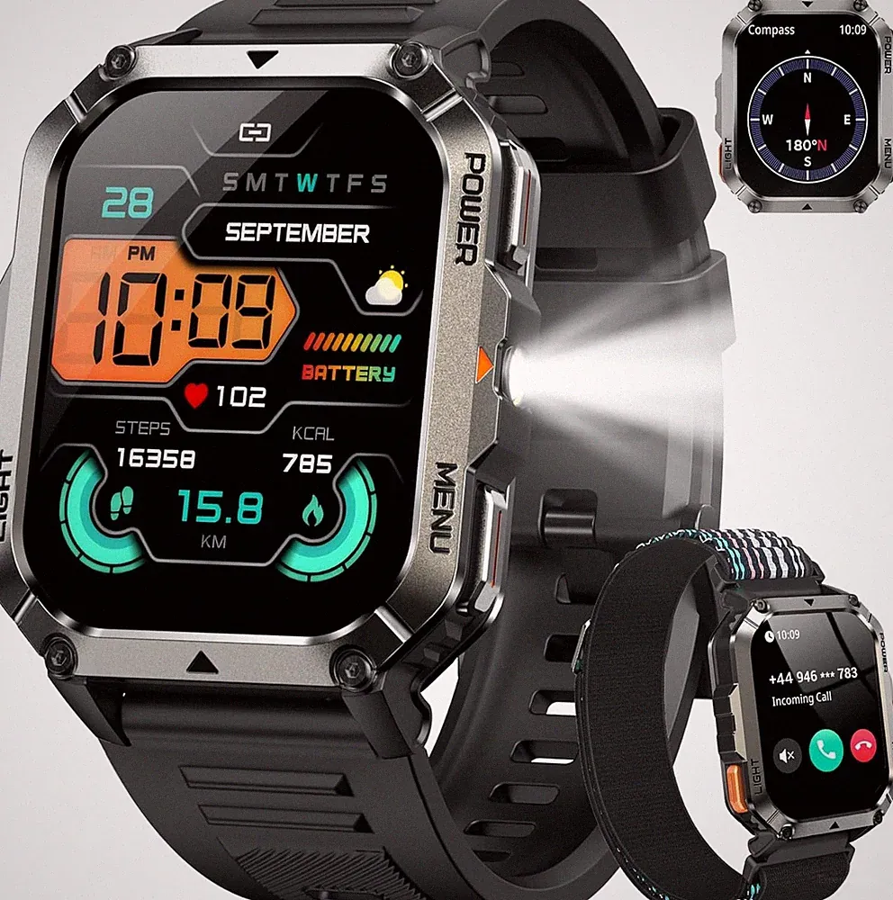 Smartwatch Herren mit 900mAh, Bluetooth-Anrufe/Kompass/LED-Beleuchtung Sportuhr