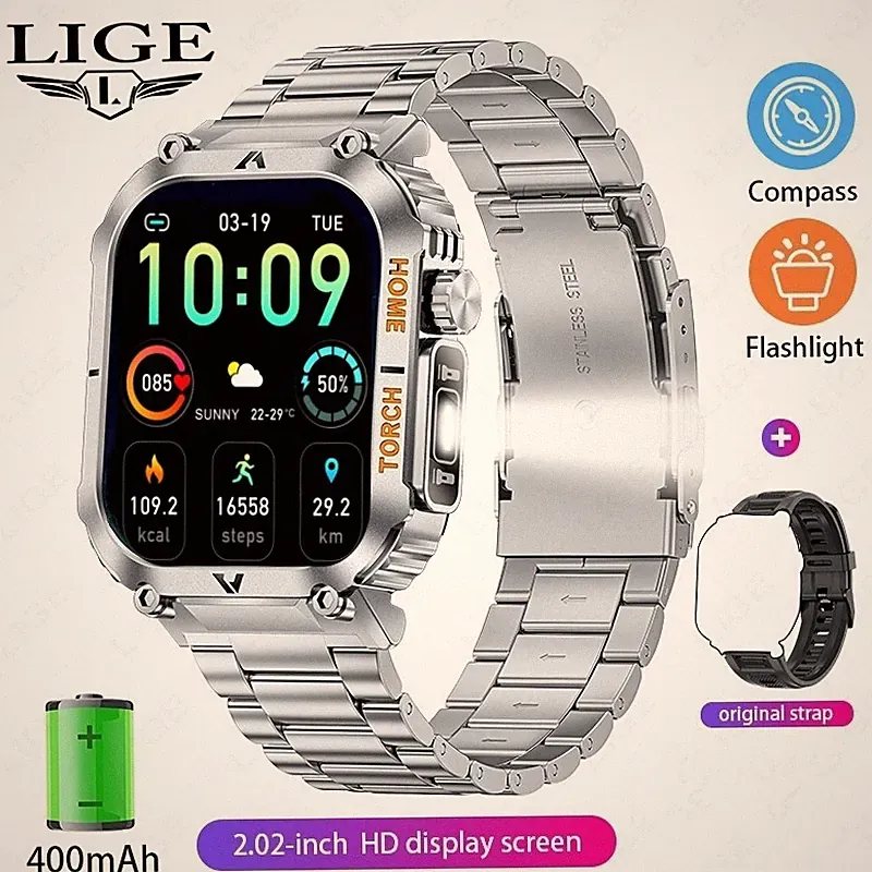 Smartwatch Herren mit Anruf Fitnessuhr Herzfrequenz Wasserdicht LED-Blitzlicht