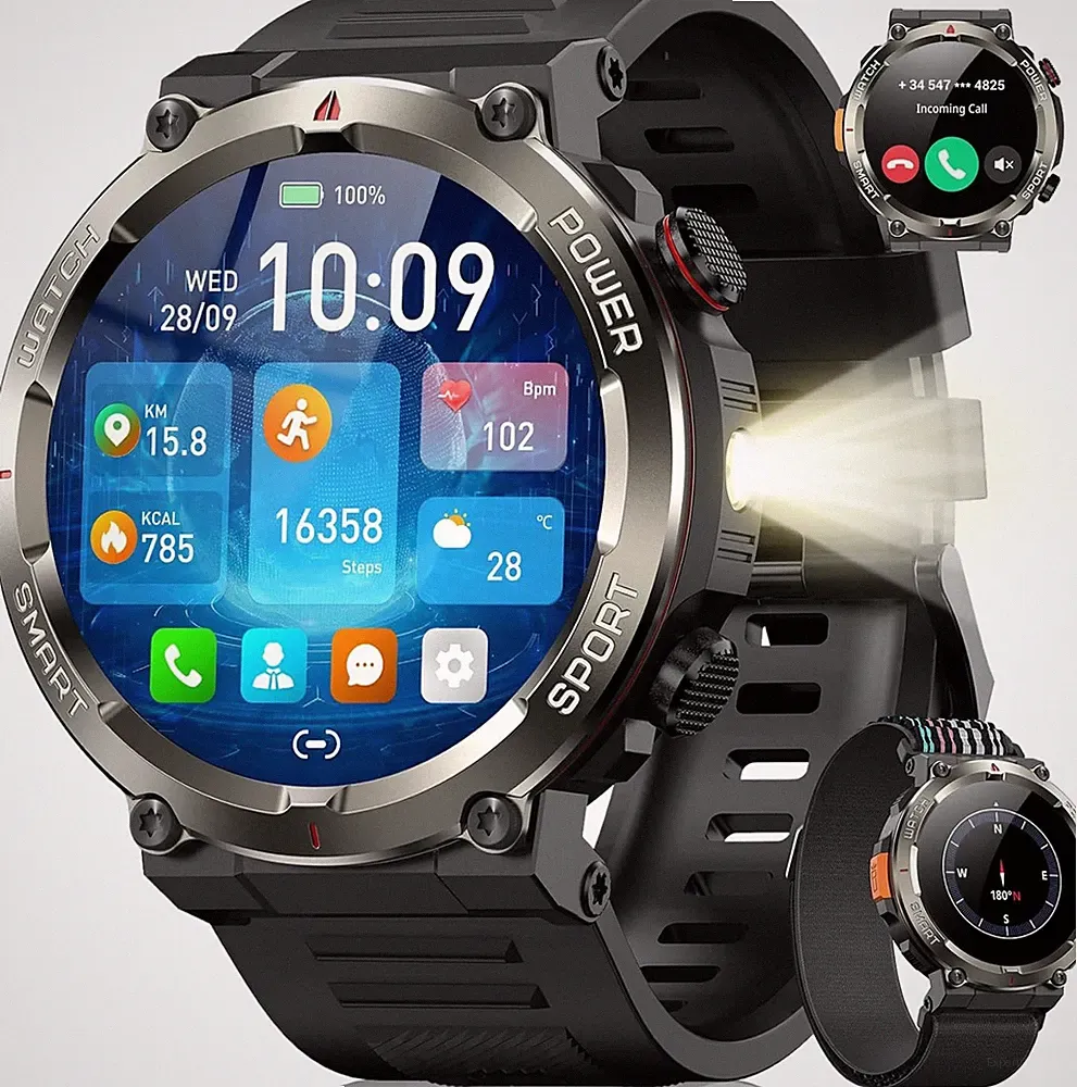 Smartwatch Herren mit Bluetooth-Anruf Beleuchtung Kompass Uhr für Android/iOS