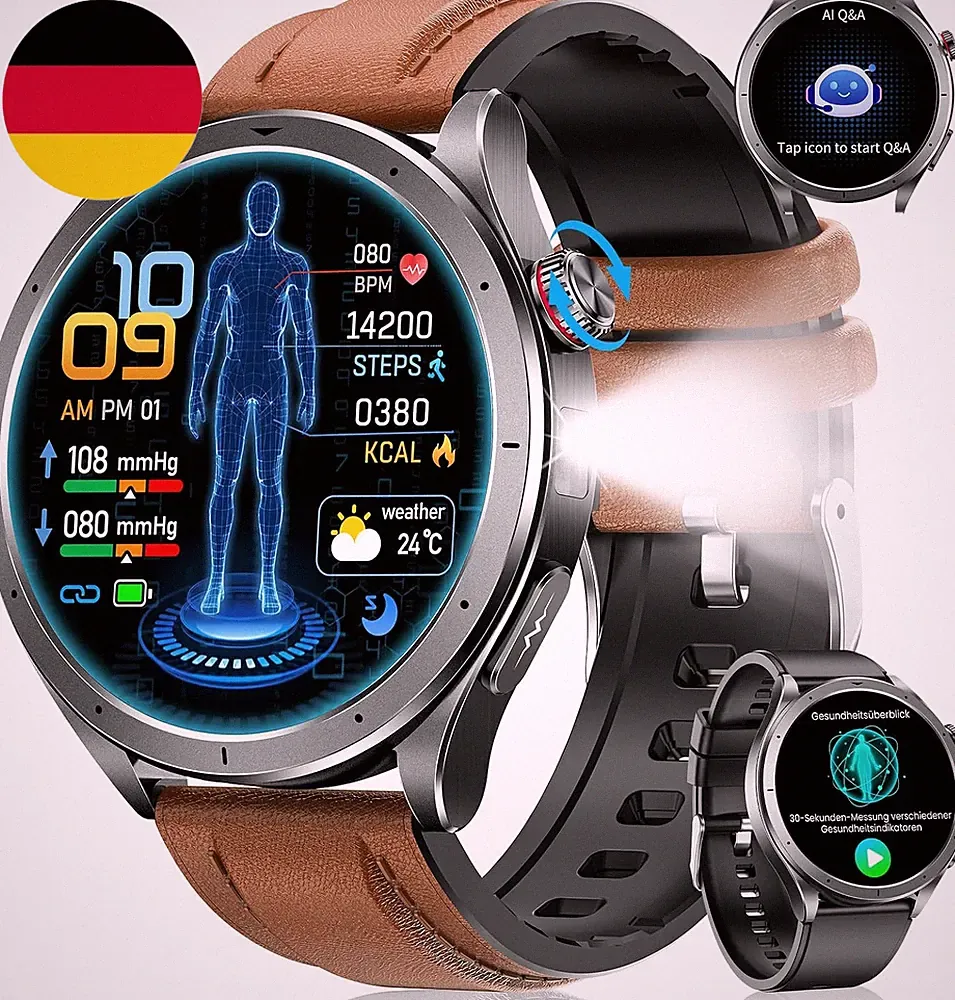 Smartwatch Herren Mit EKG/HRV, AI-GPT, Mikro-Gesundheitscheck, BMI, Braun