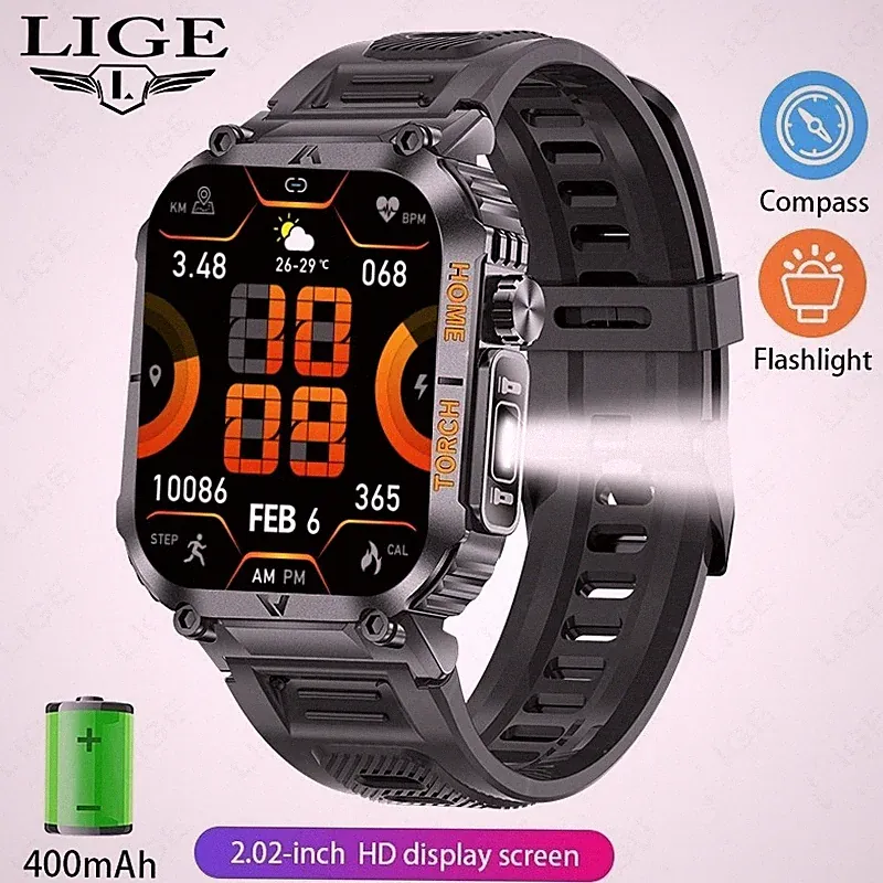 Smartwatch Herren mit LED-Taschenlampe Anrufe Fitnessuhr Pulsuhr Wasserdicht NEU