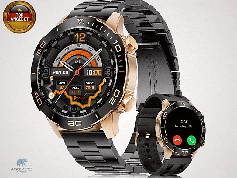Smartwatch Herren mit Telefonfunktion, 1.43'' AMOLED Touchscreen, Fitnessuhr
