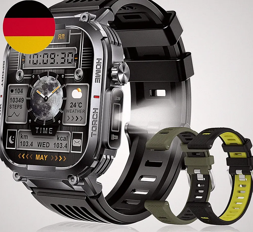 Smartwatch Herren Mit Telefonfunktion, LED Taschenlampe, Kompass, Militär, 2.02"