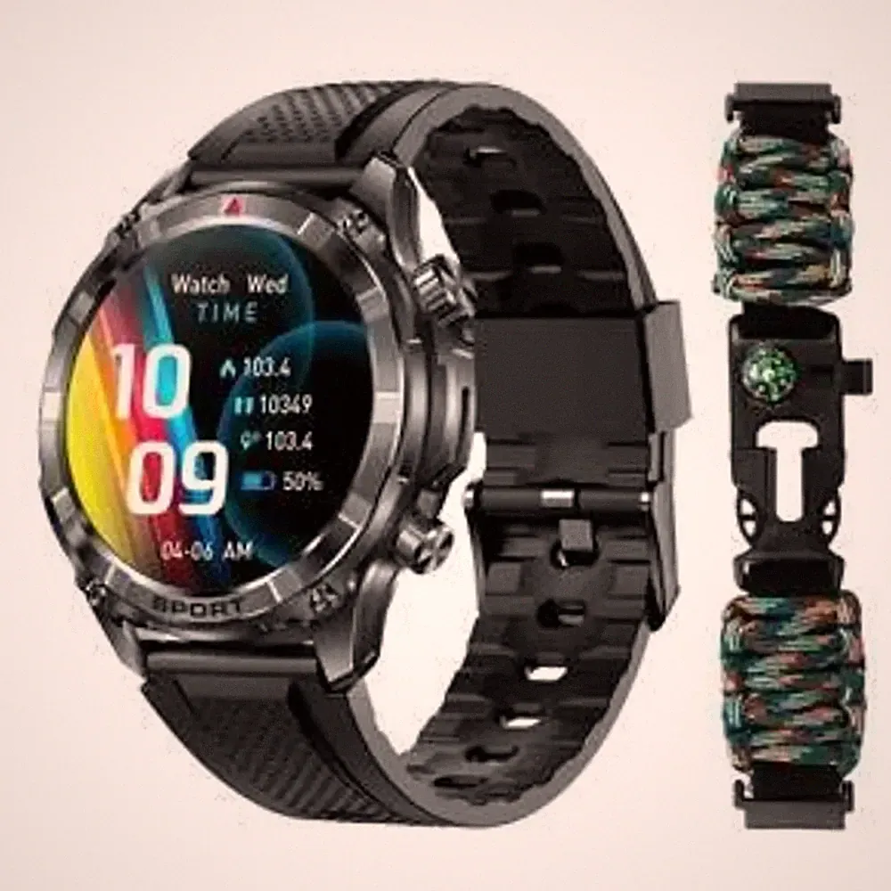 Smartwatch Herren Outdoor Fitness Uhr Bluetooth Anrufe IP67 Paracord Schwarz