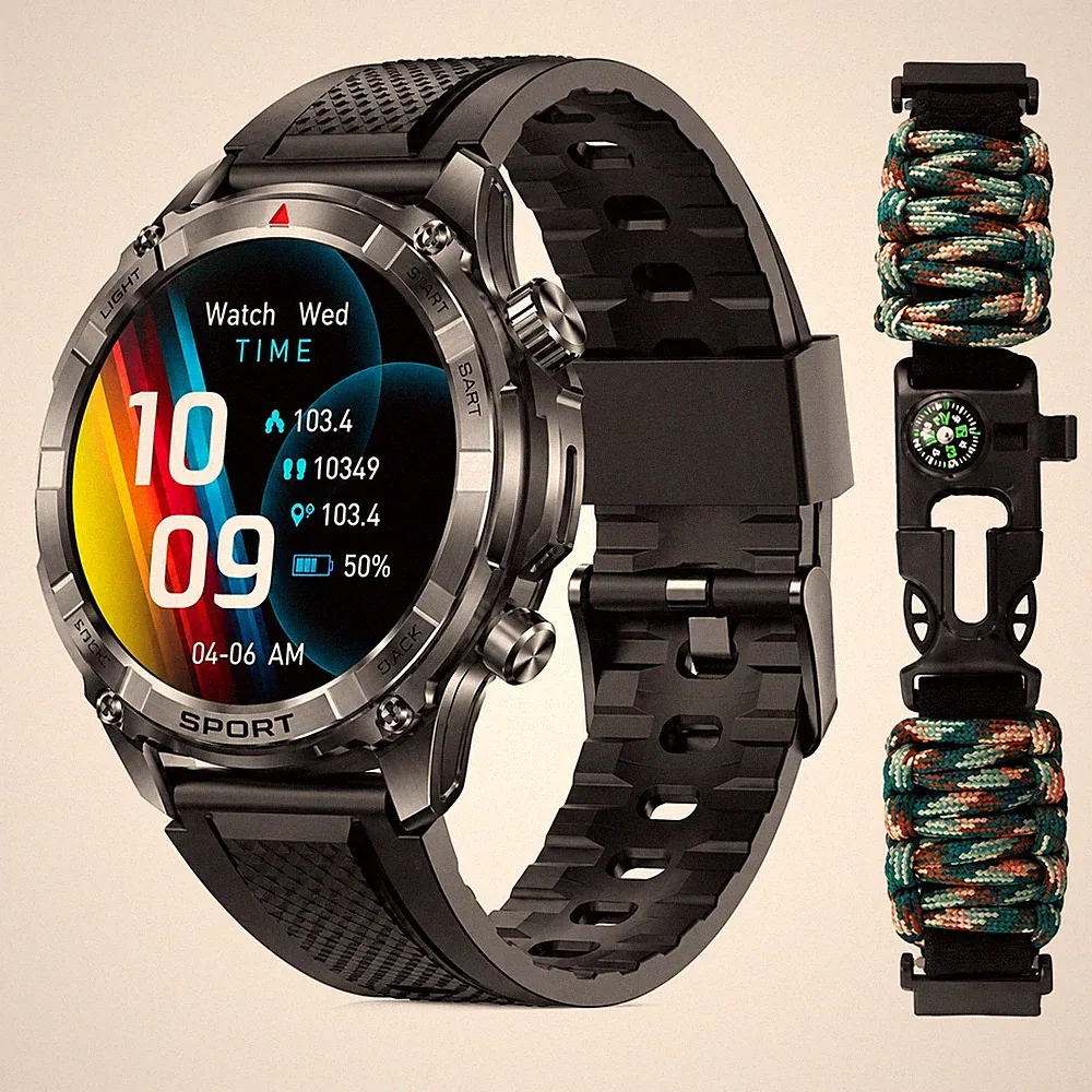 Smartwatch Herren Outdoor Telefonfunktion Fitnessuhr IP67 Herzfrequenz Paracord