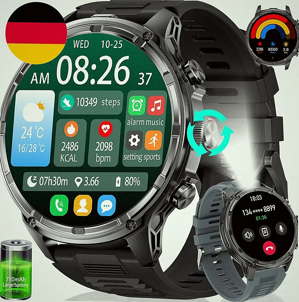 Smartwatch Herren(Telefonfunktion),1.85‘’ HD Großes Display/710 Mah Akku Sportuh