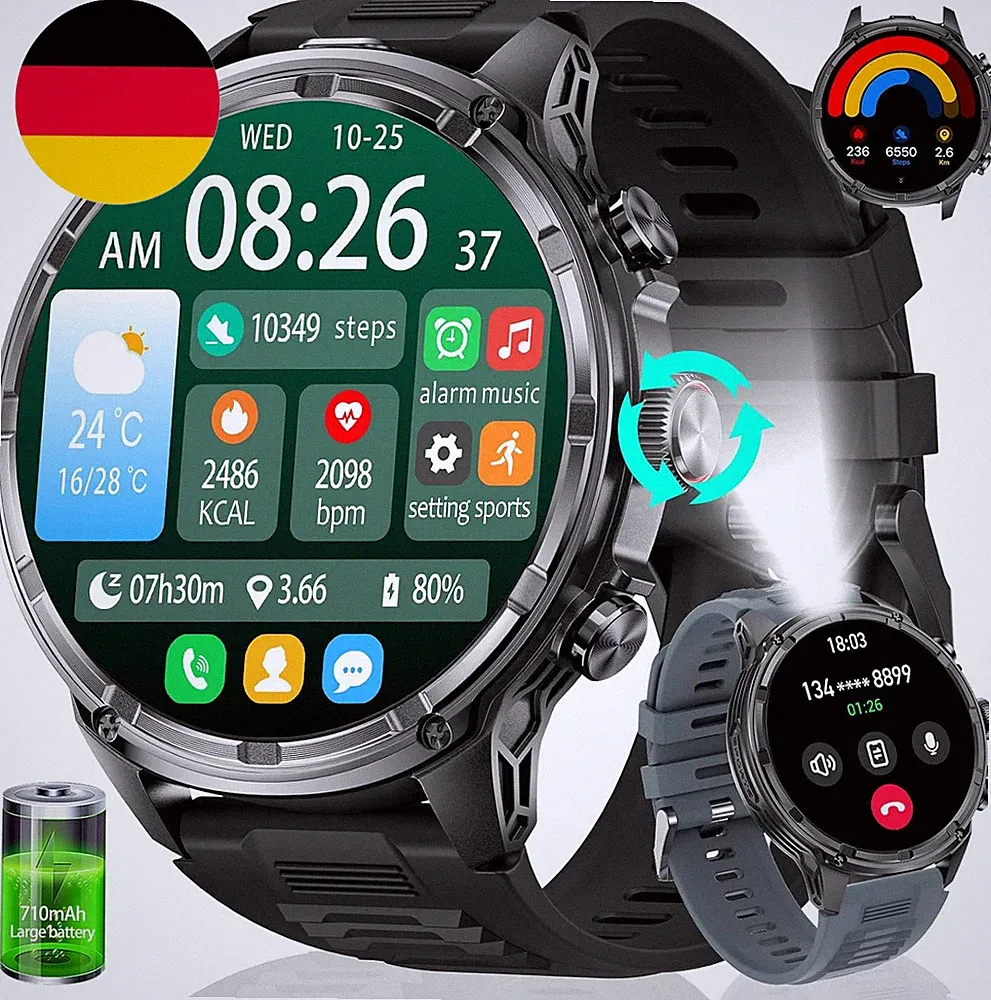 Smartwatch Herren(Telefonfunktion),1.85‘’ HD Großes Display/710 Mah Akku Sportuh