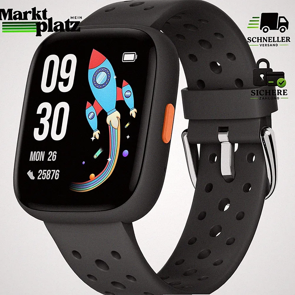 Smartwatch Kinder 1,8" Fitness Uhr IP68 Wasserdicht Puls Schrittzähler Schwarz