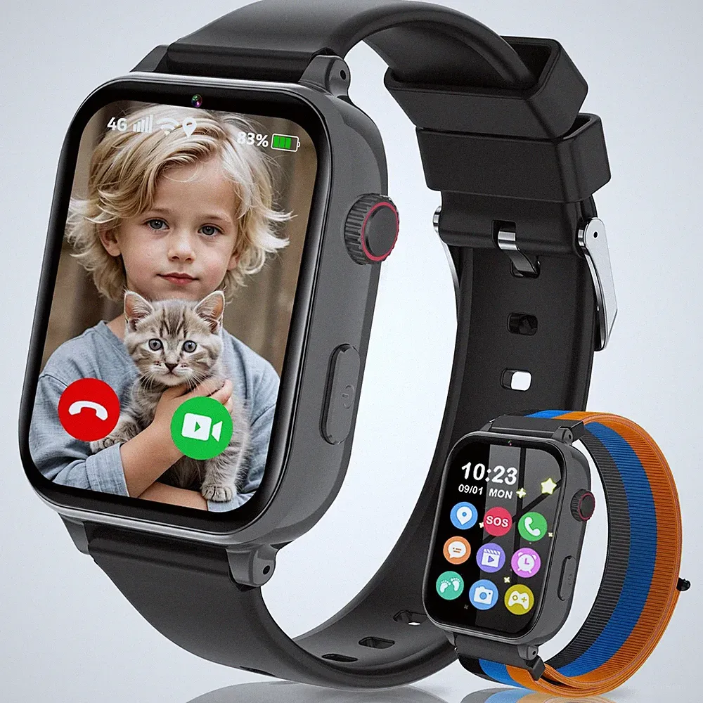 Smartwatch Kinder GPS Telefon SOS Notruf Armbanduhr Jungen Mädchen 4G Schwarz