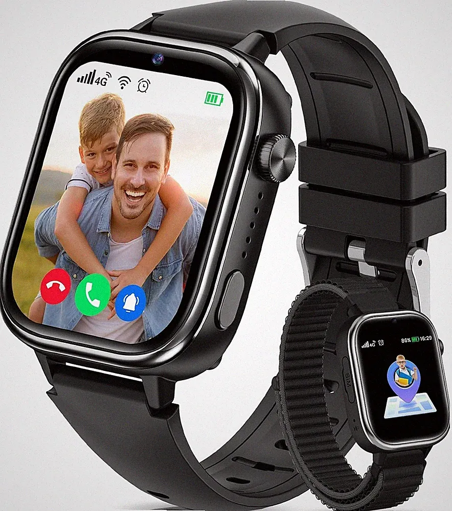 Smartwatch Kinder Schwarz 4G GPS Schrittzähler SOS Notruf Lernspiele Schulmodus