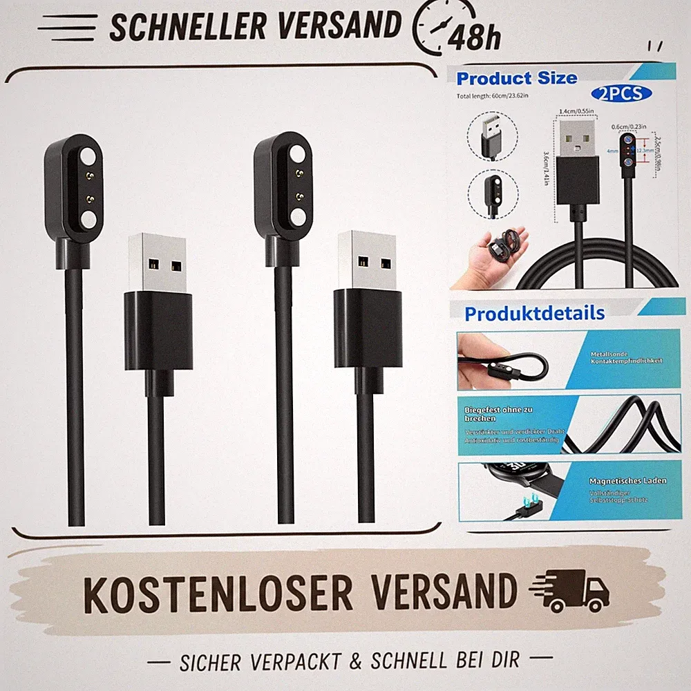 Smartwatch Ladekabel magnetisch 2-polig 4 mm USB 2 Stück 60 cm Inajoke