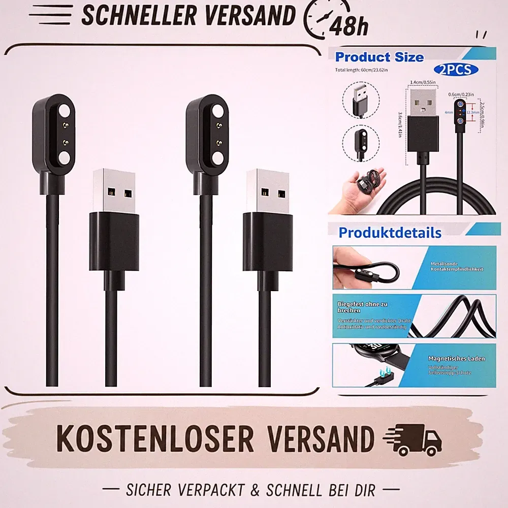 Smartwatch Ladekabel magnetisch 2-polig 4 mm USB 60 cm 2er-Pack
