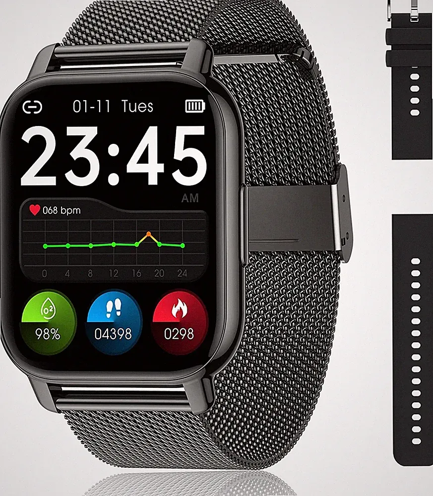 Smartwatch mit Bluetooth Anruffunktion, Fitness, für iPhone & Samsung - Schwarz