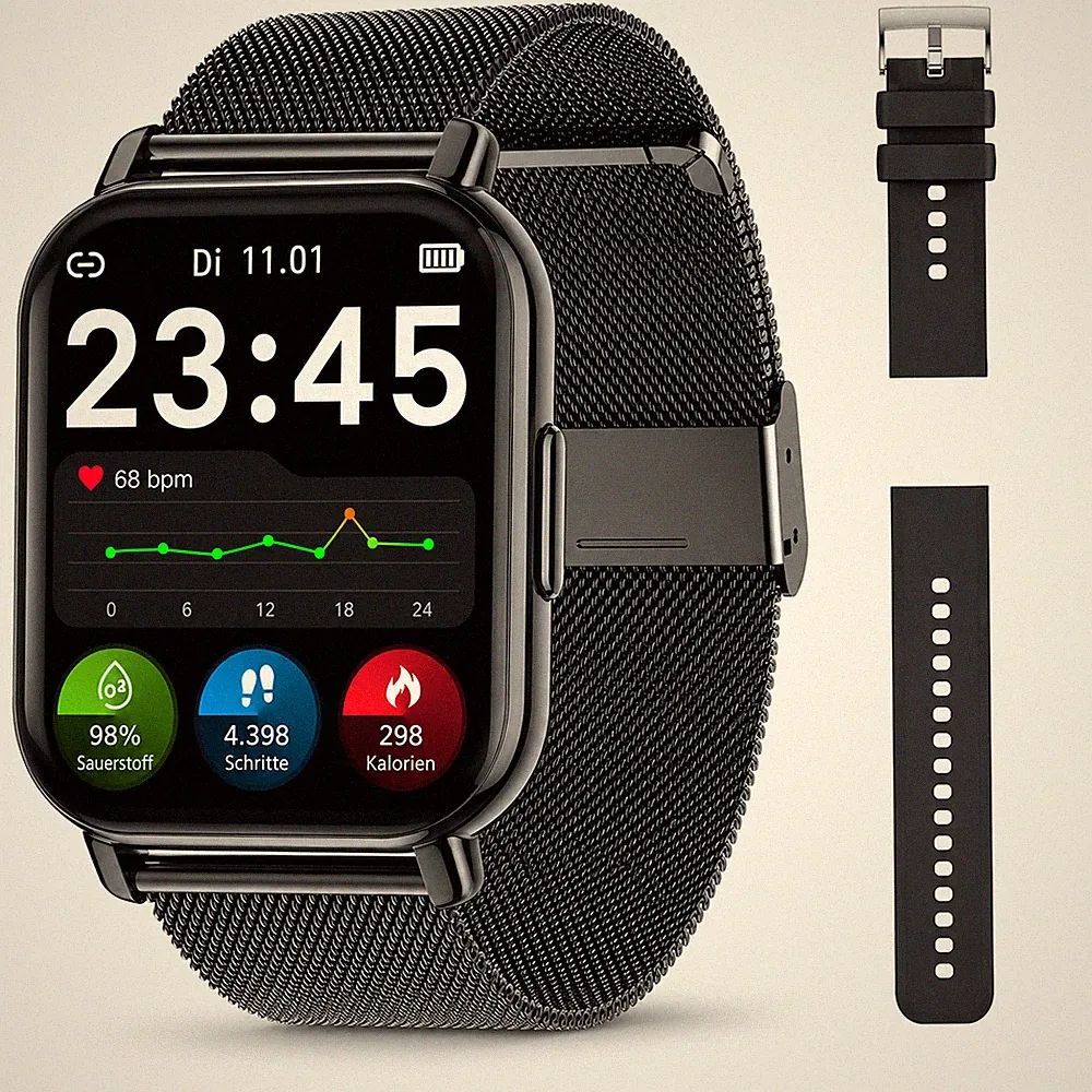 Smartwatch mit Bluetooth Anruffunktion, Fitness, für iPhone & Samsung - Schwarz